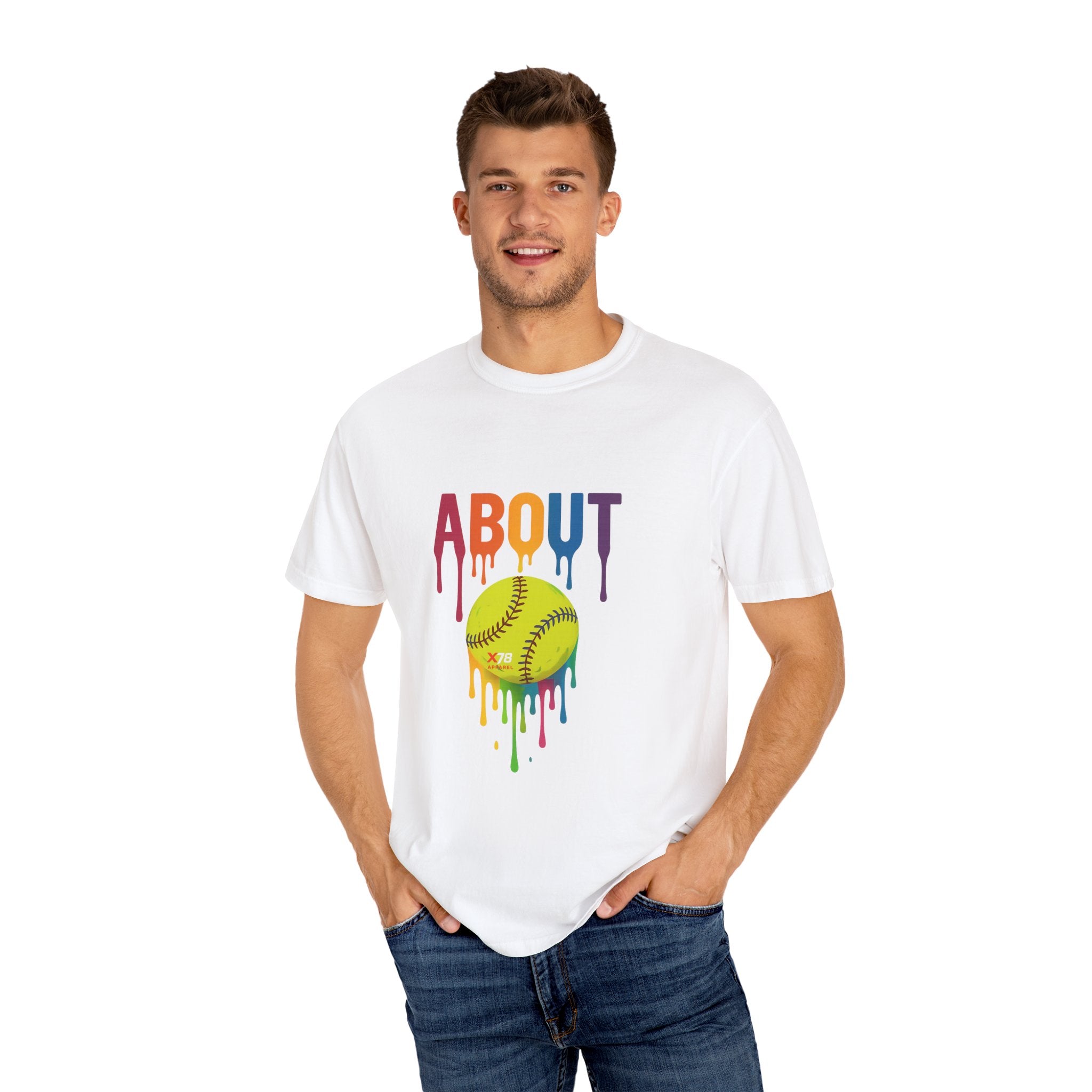 'About' Colorful Softball Drip T-Shirt, Garment-Dyed Tee for Sports Lovers, Unisex Softball Apparel, Casual Wear, Gift for Athletes