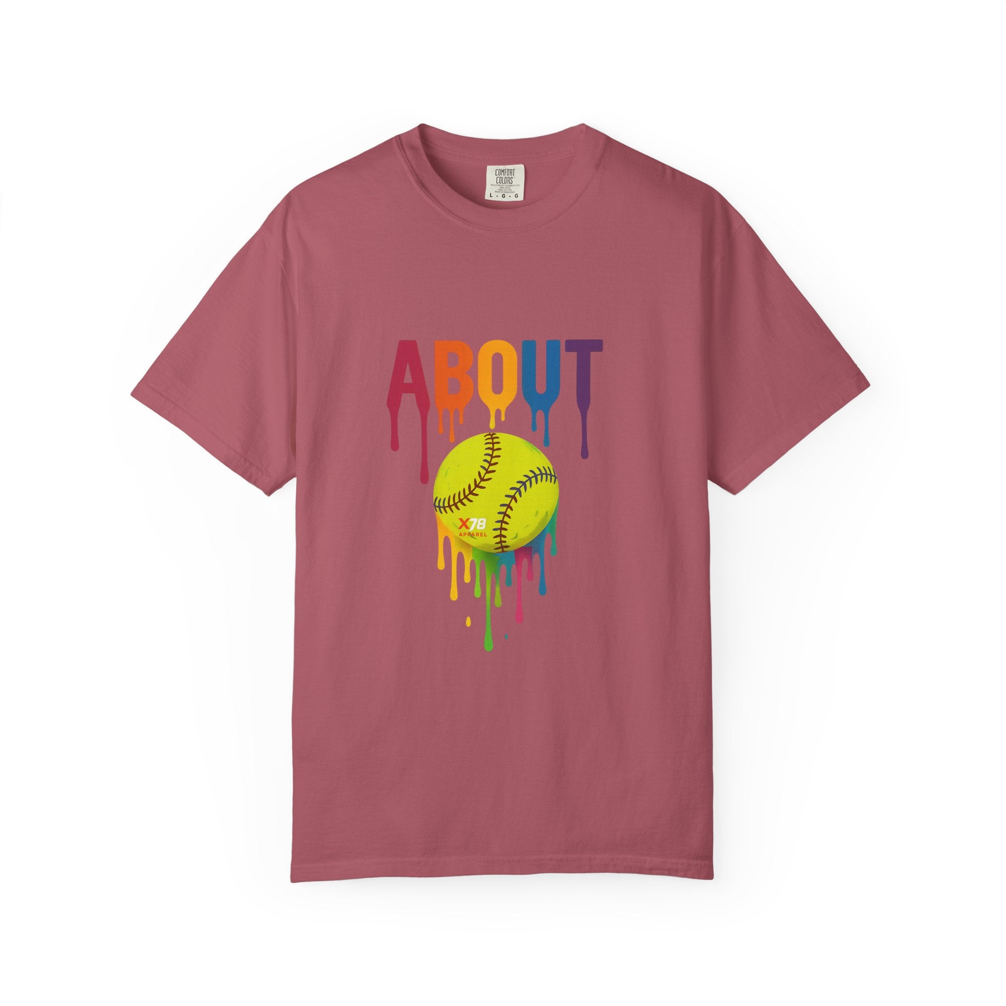 'About' Colorful Softball Drip T-Shirt, Garment-Dyed Tee for Sports Lovers, Unisex Softball Apparel, Casual Wear, Gift for Athletes