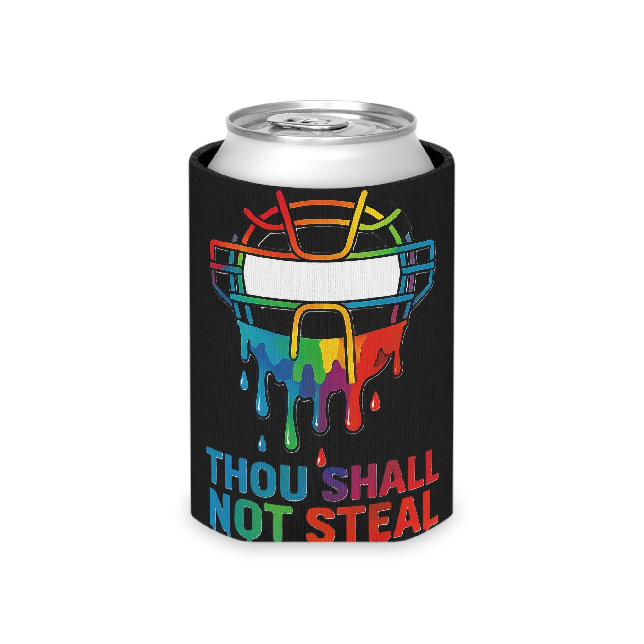 'Drippy Thou Shall Not Steel' Vibrant Can Cooler with Funny Quote, Summer Party Gear, BBQ Accessory, Gifts for Friends, Pride Event Essentials