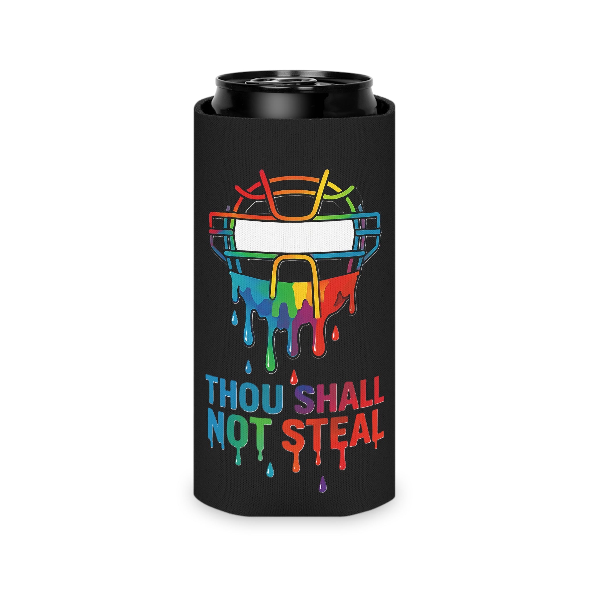 'Drippy Thou Shall Not Steel' Vibrant Can Cooler with Funny Quote, Summer Party Gear, BBQ Accessory, Gifts for Friends, Pride Event Essentials