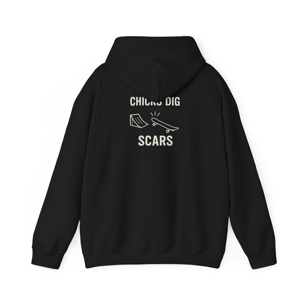 'Gen X Chicks Dig Scars Skateboard' Chic Streetwear Hoodie, Unisex Heavy Blend Sweatshirt, Skateboard Fashion, Gift for Skate Enthusiasts, Casual Wear, Everyday Style