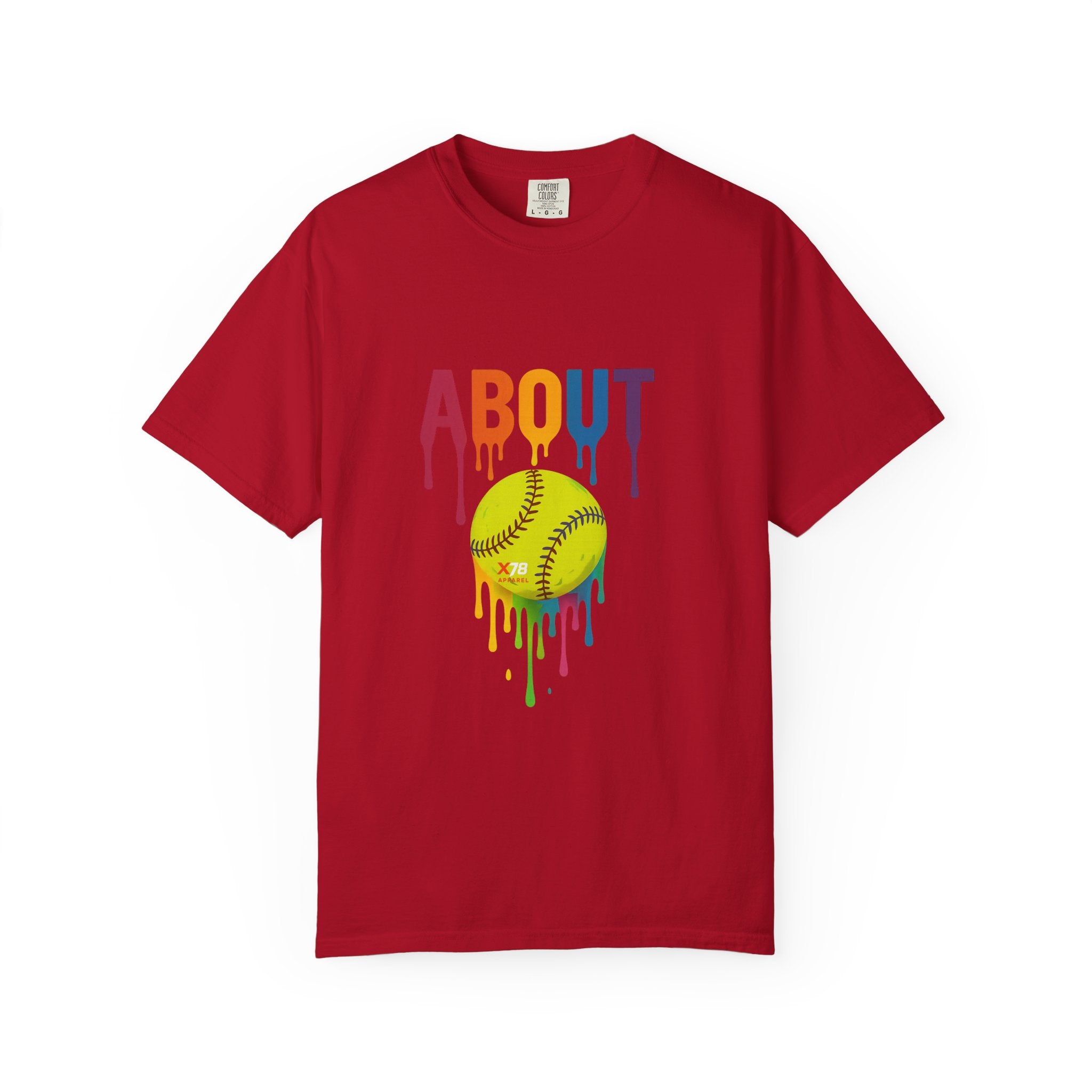 'About' Colorful Softball Drip T-Shirt, Garment-Dyed Tee for Sports Lovers, Unisex Softball Apparel, Casual Wear, Gift for Athletes
