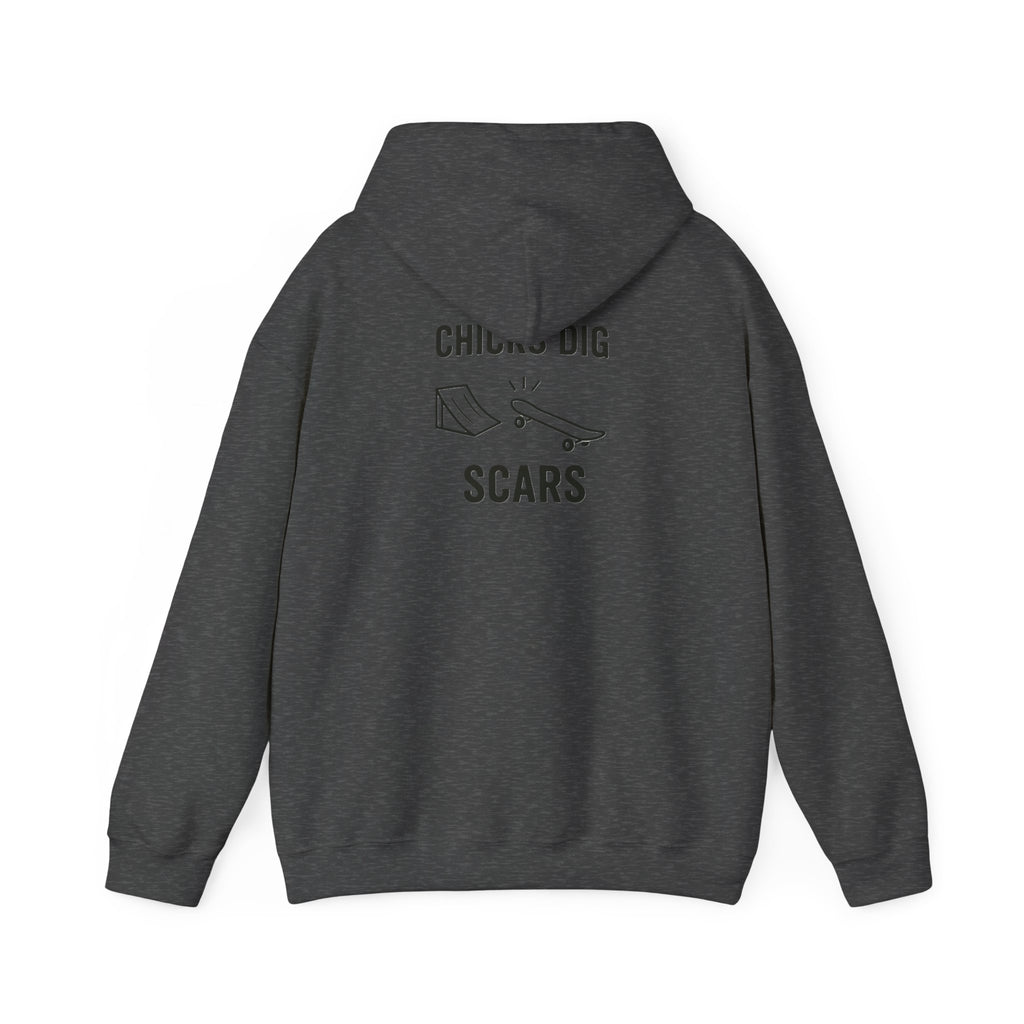 'Gen X Chicks Dig Scars Skateboard' Chic Streetwear Hoodie, Unisex Heavy Blend Sweatshirt, Skateboard Fashion, Gift for Skate Enthusiasts, Casual Wear, Everyday Style