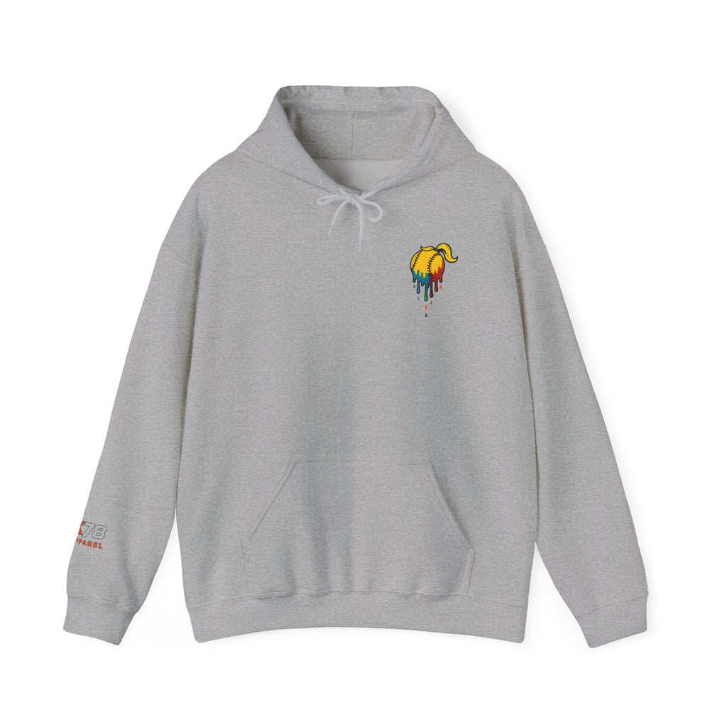 Softball Strikeout Drippy Paint Hoodie, Unisex Sweatshirt, Artistic Gift, Streetwear Style, Comfortable Casual Wear, Unique Hooded Top